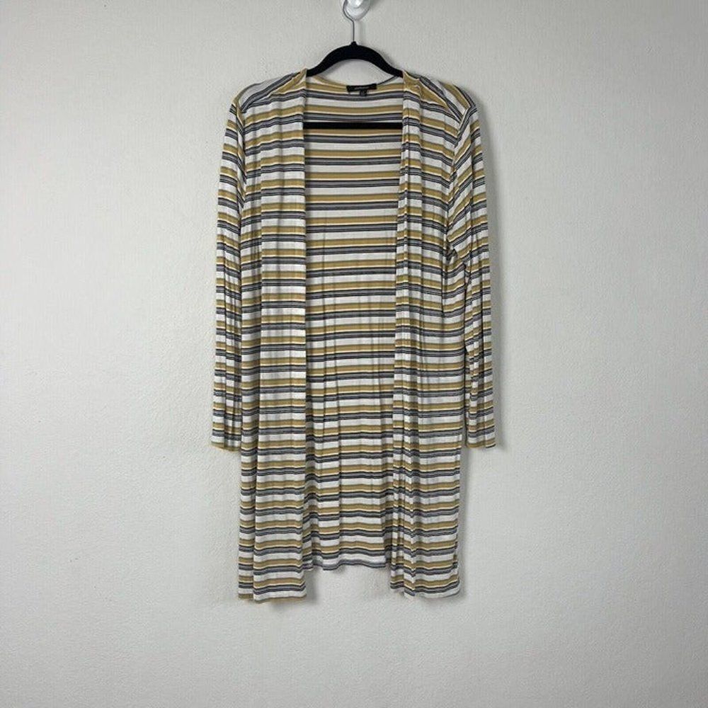 Ambiance Women’s Retro Yellow Striped Long Cardigan Lightweight Size Large